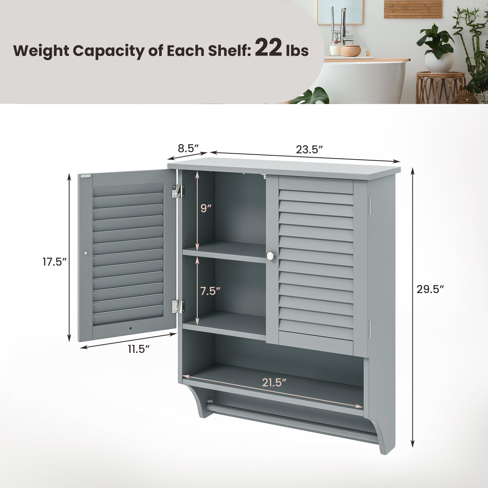 Tangkula Wall Mounted Bathroom Cabinet with Open Shelf & Bar, Medicine Cabinet with Double Louvered Doors, Wall Storage Cabinet with Adjustable Shelf, for Bathroom Living Room Kitchen (Grey) - WoodArtSupply