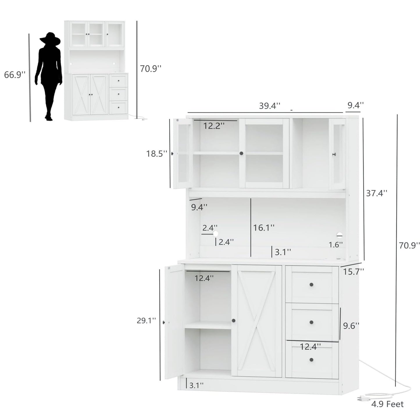 Irontar 70.9'' Kitchen Pantry Cabinet, Kitchen Hutch with Microwave Stand & Charging Station, Farmhouse Tall Kitchen Cabinet with Countertop, Bar Cabinet with Drawer and Glass Doors, White CW - WoodArtSupply