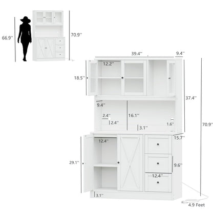 Irontar 70.9'' Kitchen Pantry Cabinet, Kitchen Hutch with Microwave Stand & Charging Station, Farmhouse Tall Kitchen Cabinet with Countertop, Bar Cabinet with Drawer and Glass Doors, White CW - WoodArtSupply