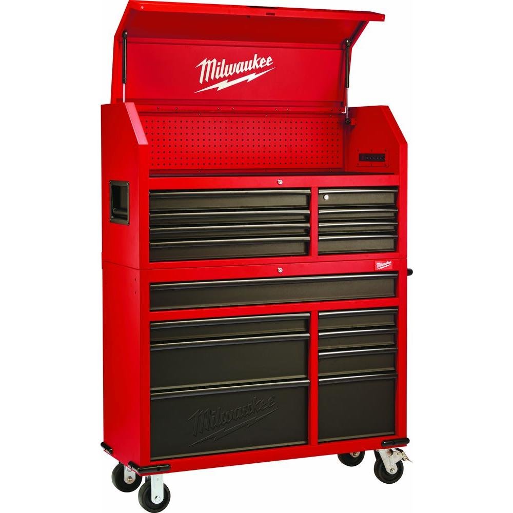 Heavy-duty, Drawer 16 Tool Chest 46 In. and Rolling Cabinet Set, Red and Black, Personal Valuables Storage Drawer with Separate Lock in the Tool Chest Milwaukee