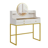 DELUXE LIVING Makeup Vanity Desk with Mirror and Lights, Glass Top Vanity Desk with 3 Drawers & 2 Storage Shelves, Bedroom Dressing Table with Power Outlet, 3 Lighting Mode, White DELUXE LIVING