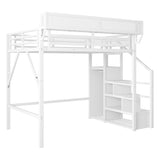 Mirightone Full Size Loft Bed with Stairs and Storage, Metal Loft Bed Frame with Bedside Shelf and Large Under-Bed Space, Heavy-Duty Loft Beds for Adults Teens and Kids, White Mirightone
