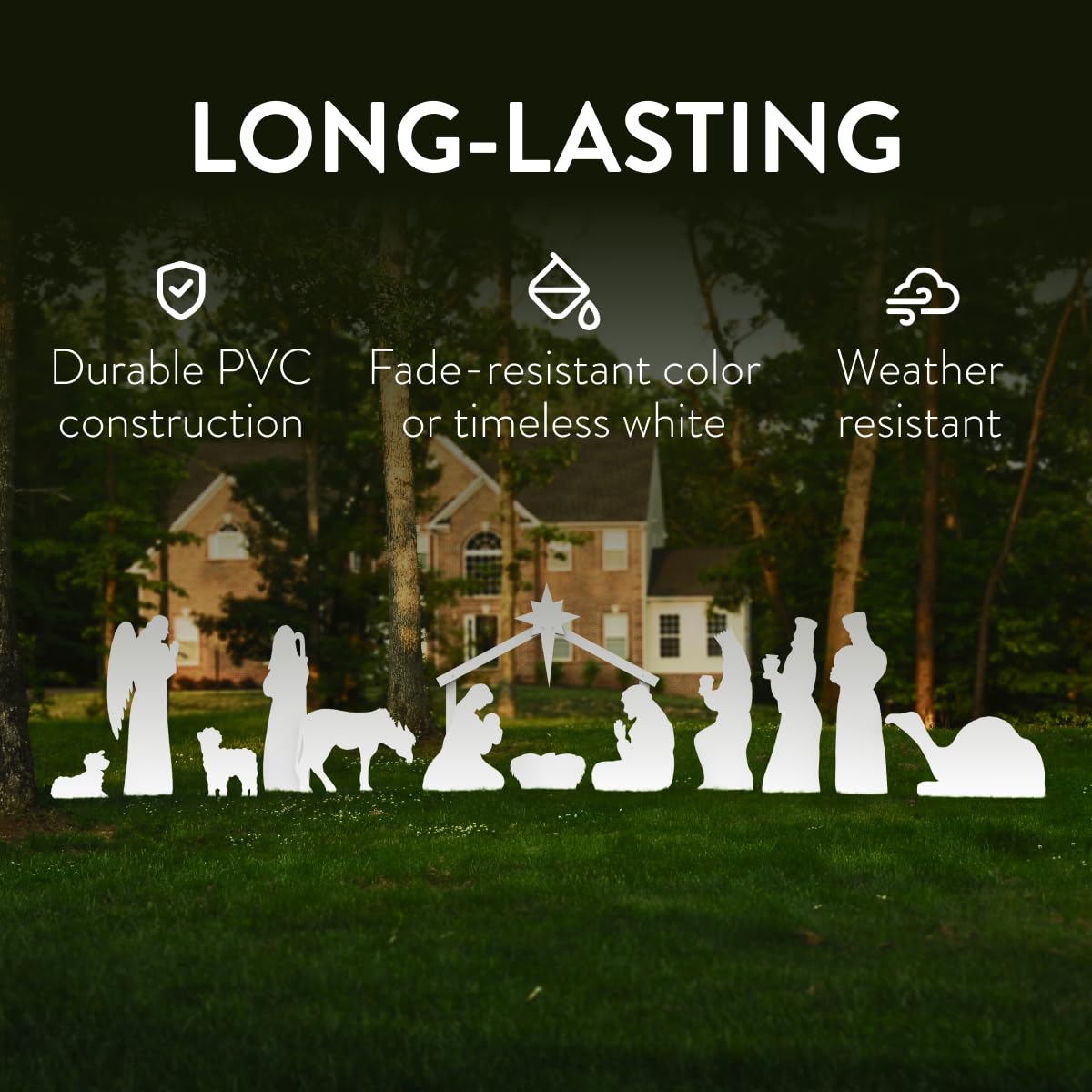 Outdoor Nativity Store Complete Nativity Scene - 12 Weatherproof Nativity Set Figures for Outdoor Christmas Decoration - Easy to Assemble & Store - Standard, White Outdoor Nativity Store