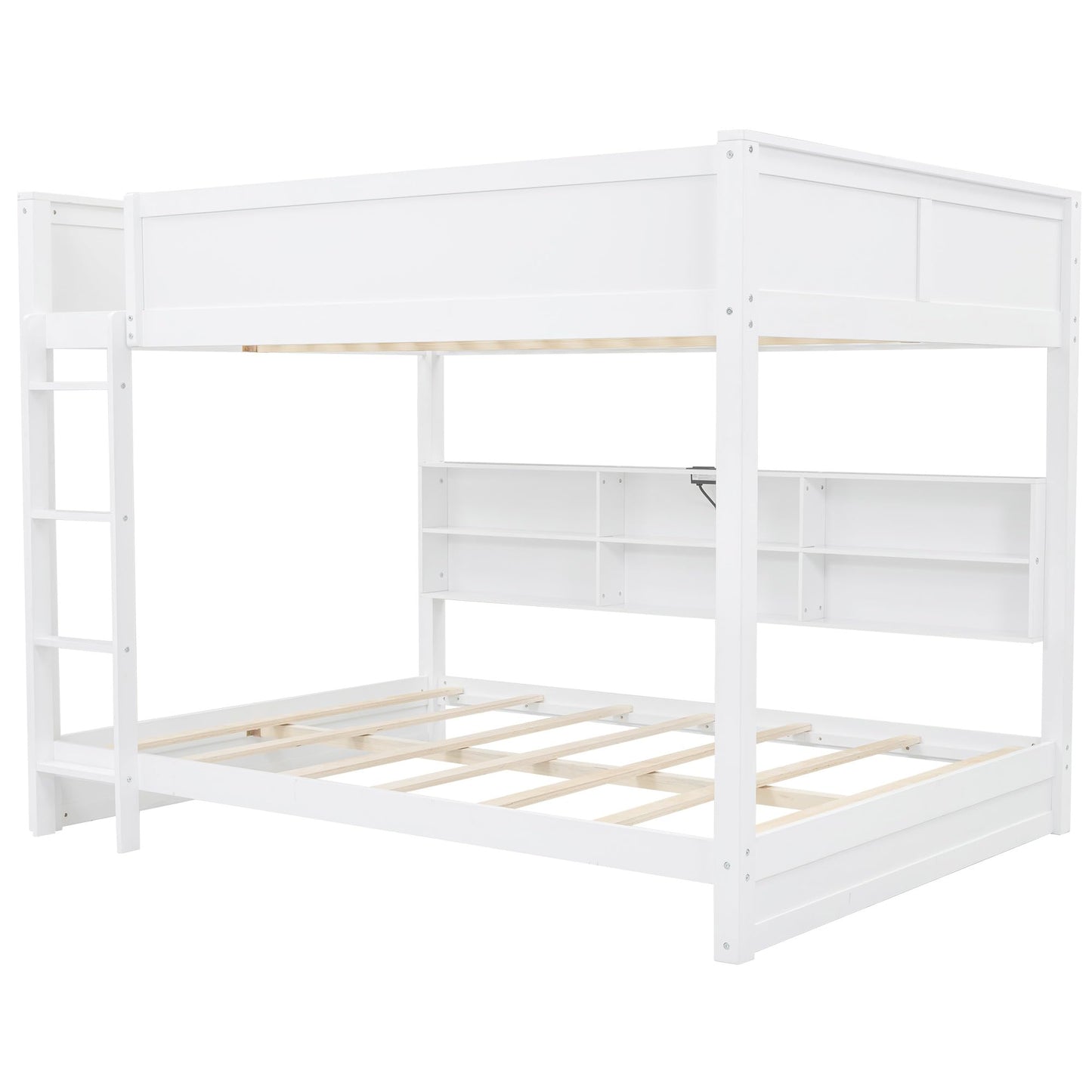 SOFTSEA Queen Over Queen Bunk Bed with Storage, Modern Queen Size Bunk Beds with Storage Bookcase and USB Ports for Kids Teens Adults, Wood Bunk Bed with Guardrail and Ladder, White