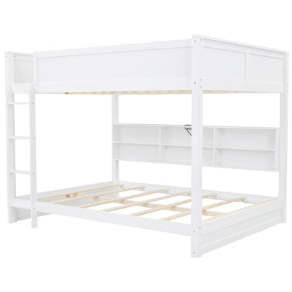 SOFTSEA Queen Over Queen Bunk Bed with Storage, Modern Queen Size Bunk Beds with Storage Bookcase and USB Ports for Kids Teens Adults, Wood Bunk Bed with Guardrail and Ladder, White