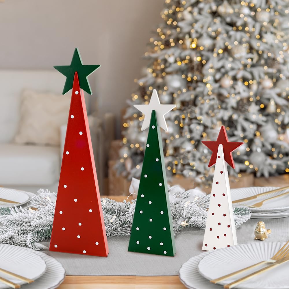 Christmas Decorations Indoor, Christmas Decor - 3 PCS Wooden Xmas Tree Signs with Stars for Home, Table, Fireplace Mantel, Shelf, Office Desk, Party Decor - Xmas Holiday Decorations AKEROCK