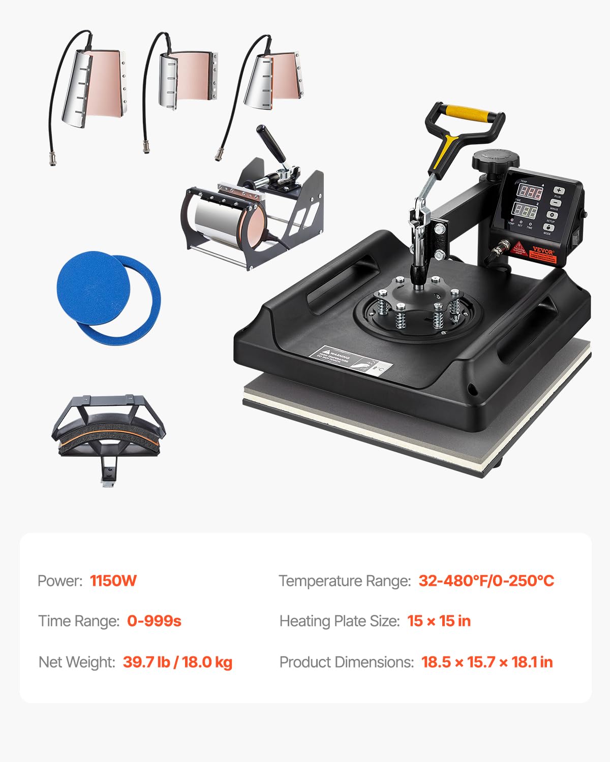 VEVOR 8 in 1 Heat Press Machine 15x15 Inch, 360° Swing Away Tshirt Press, Digital Professional Sublimation Heat Transfer for T Shirts Hat Cap Mug Plate VEVOR