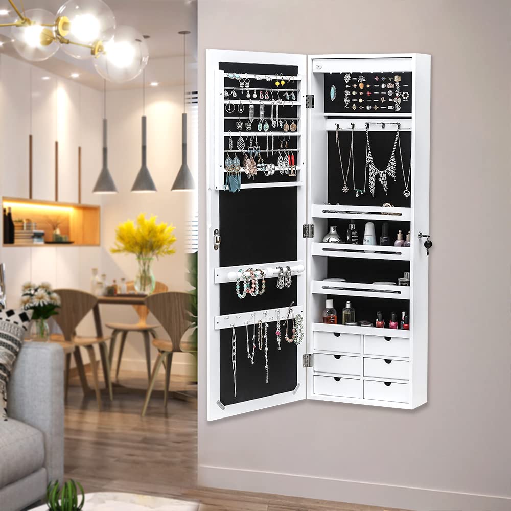 Full Length Mirror Jewelry Cabinet - 4-Layer Shelf Wall Mounted Jewelry Organizer with 8 LED Lights - Jewelry Armoire with Mirror And 6 Drawers - Wall and Door Hanging Jewelry Organizer - White WEI WEI GLOBAL