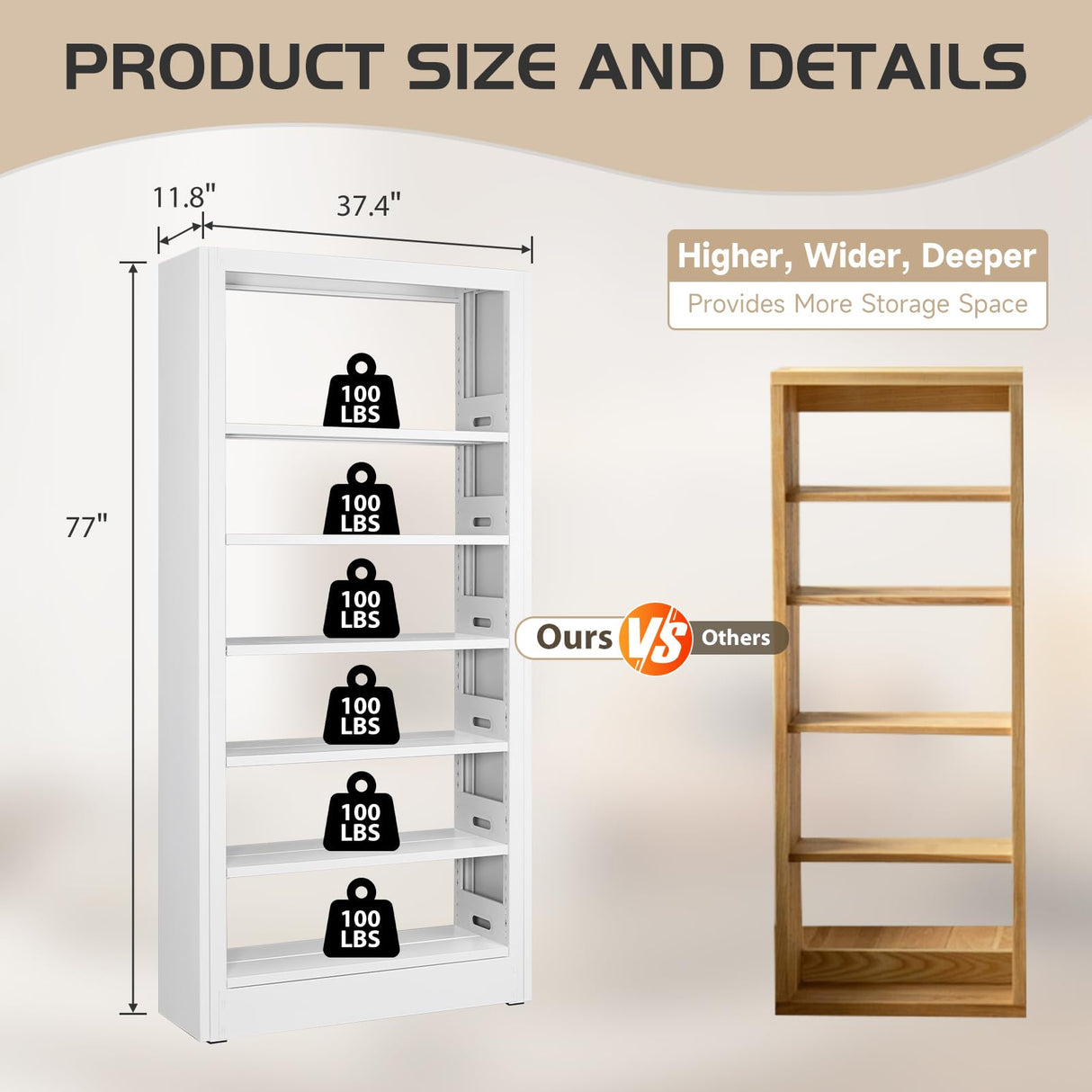 Modern 6-Tier Metal Book Shelf Storage Organiser - 77'' White Tall Bookcase for Living Room, Bedroom & Office ALJKF