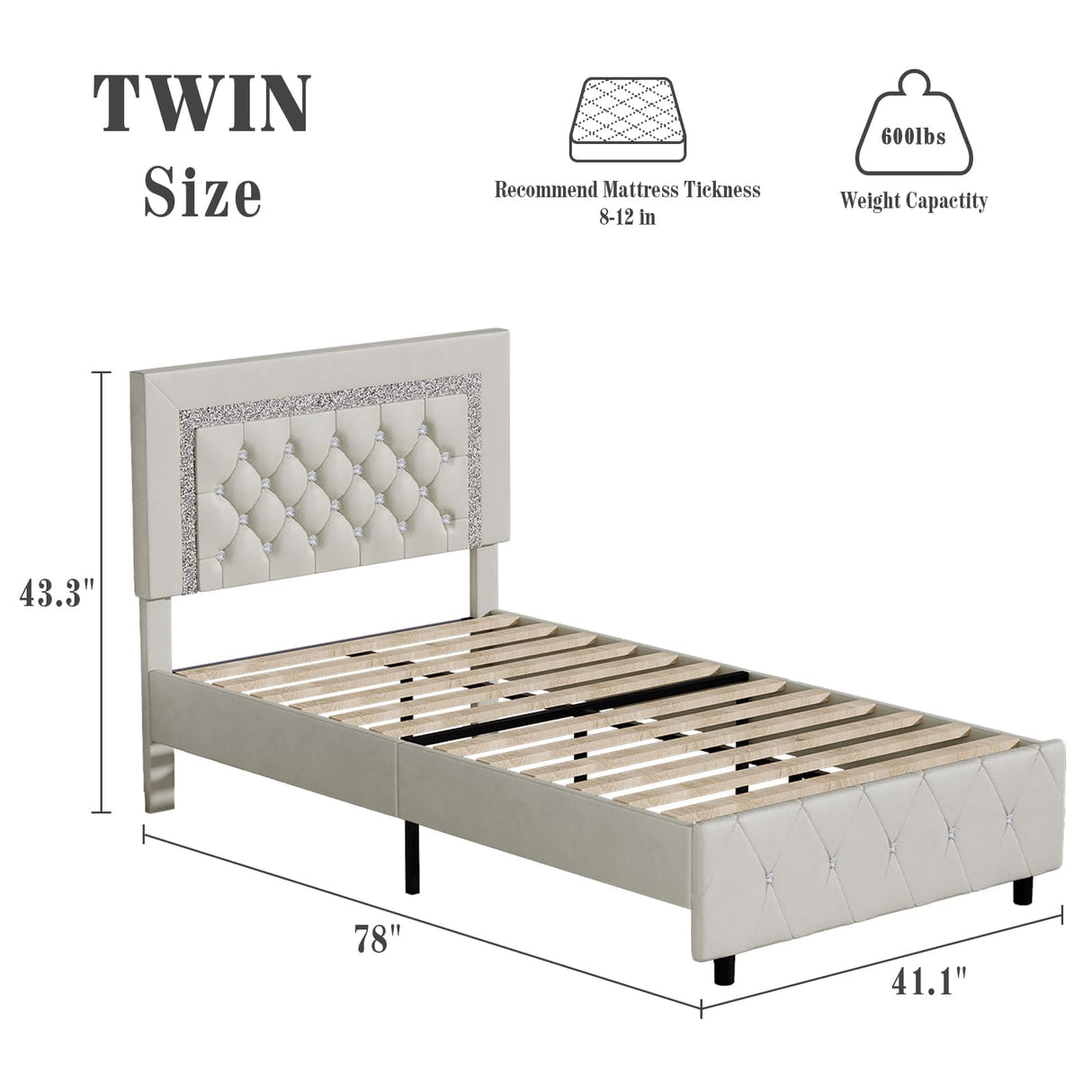 Twin Bed Frame with Diamond Tufted Headboard, Faux Leather Upholstered Bed with Wooden Slats Support, No Box Spring Needed, Mattress Foundation, Easy Assembly, Cream BarnFurin