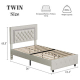 Twin Bed Frame with Diamond Tufted Headboard, Faux Leather Upholstered Bed with Wooden Slats Support, No Box Spring Needed, Mattress Foundation, Easy Assembly, Cream BarnFurin