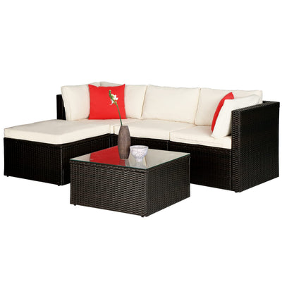 5 Pieces Rattan Patio Furniture Sets Patio Sofa Wicker Sectional Sofa Modular Outdoor Conversation Sofa Set with 2 Red Pillow 2 Corner Chairs Armless Chair Ottoman Chair Glass Table,Khaki Cushion