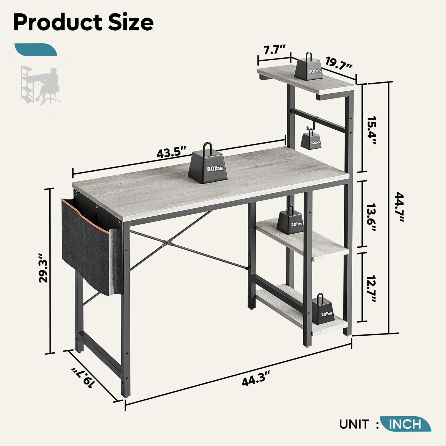 Bestier Computer Desk with 4 Tiers Shelves, Gaming Desk with LED Lights, 44 Inch Office Desk with Storage Bag & Printer Shelf (Retro Grey Oak) - WoodArtSupply