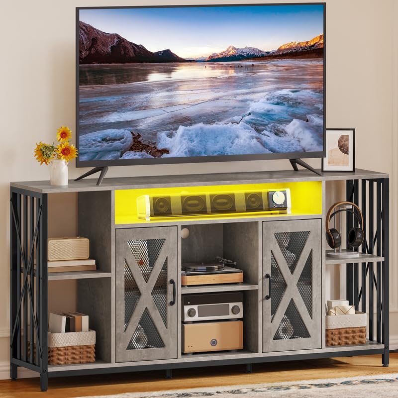 YITAHOME 33.5'' Tall TV Stands for Living Room, TV Entertainment Center with LED Light, TV Stand for TVs up to 70 Inch, Tall TV Console Cabinet with Power Outlets, Grey YITAHOME