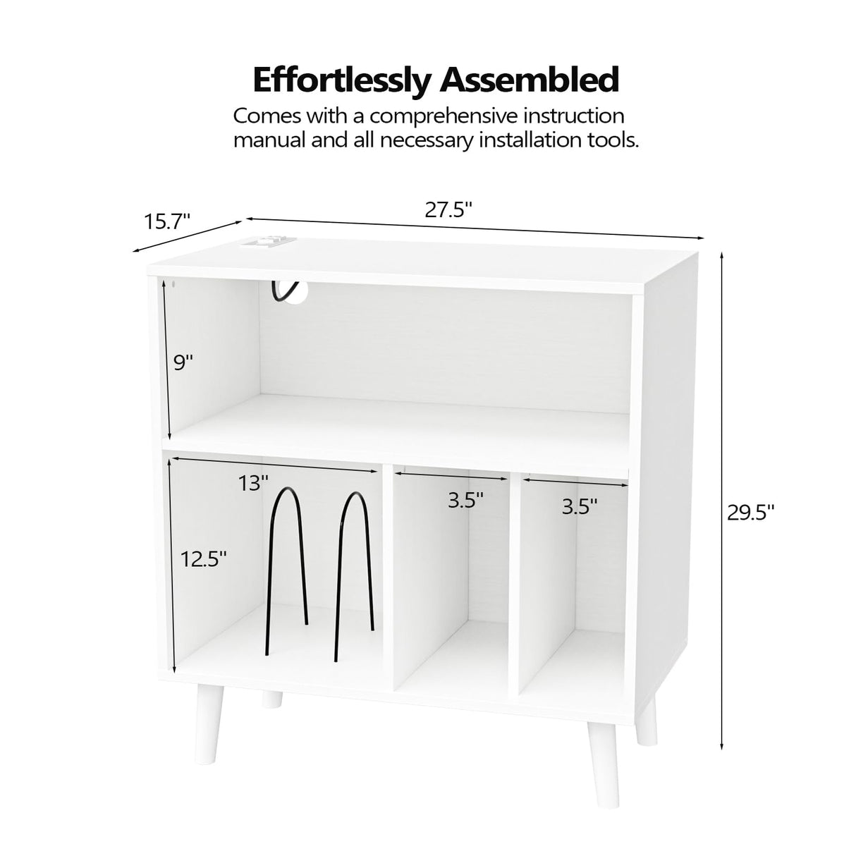 VINGLI Record Player Stand with Open Vinyl Storage, Mid-Century Album Storage Table with LED Light up to 300 Albums, Vinyl Record Player Shelf with Power Outlet for Living Room, White VINGLI