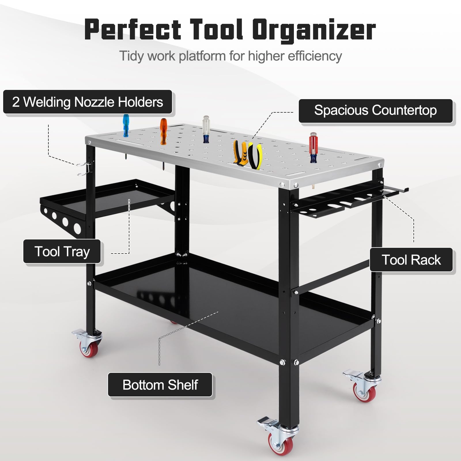 ERGOMASTER Rolling Welding Table, 36'' x 18'' Welding Table Top, 1200LBS Steel Welding Workbench Table with Wheels, 5/8’’ Holes, 8 Tool Slots, 2 Nozzle Holders, Welding Cart for Welding Sawin - WoodArtSupply