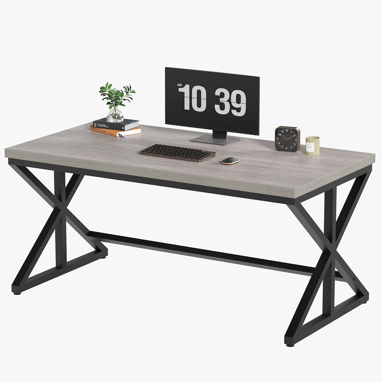IBF Computer Desk, Industrial PC Laptop Office Desk, Farmhouse Gaming Desk with Spacious Desktop, Rustic Wood Metal Writing Study Work Table for Home Office Bedroom, 47 Inch, Grey Oak IBF