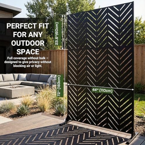 Metal Privacy Screen Outdoor – 6FT Freestanding Decorative Steel Panel with Stand, Laser-Cut Chevron Pattern Modern Privacy Divider, Rustproof & Weather-Resistant Screen for Patio, Garden & Backyard TALLYVER
