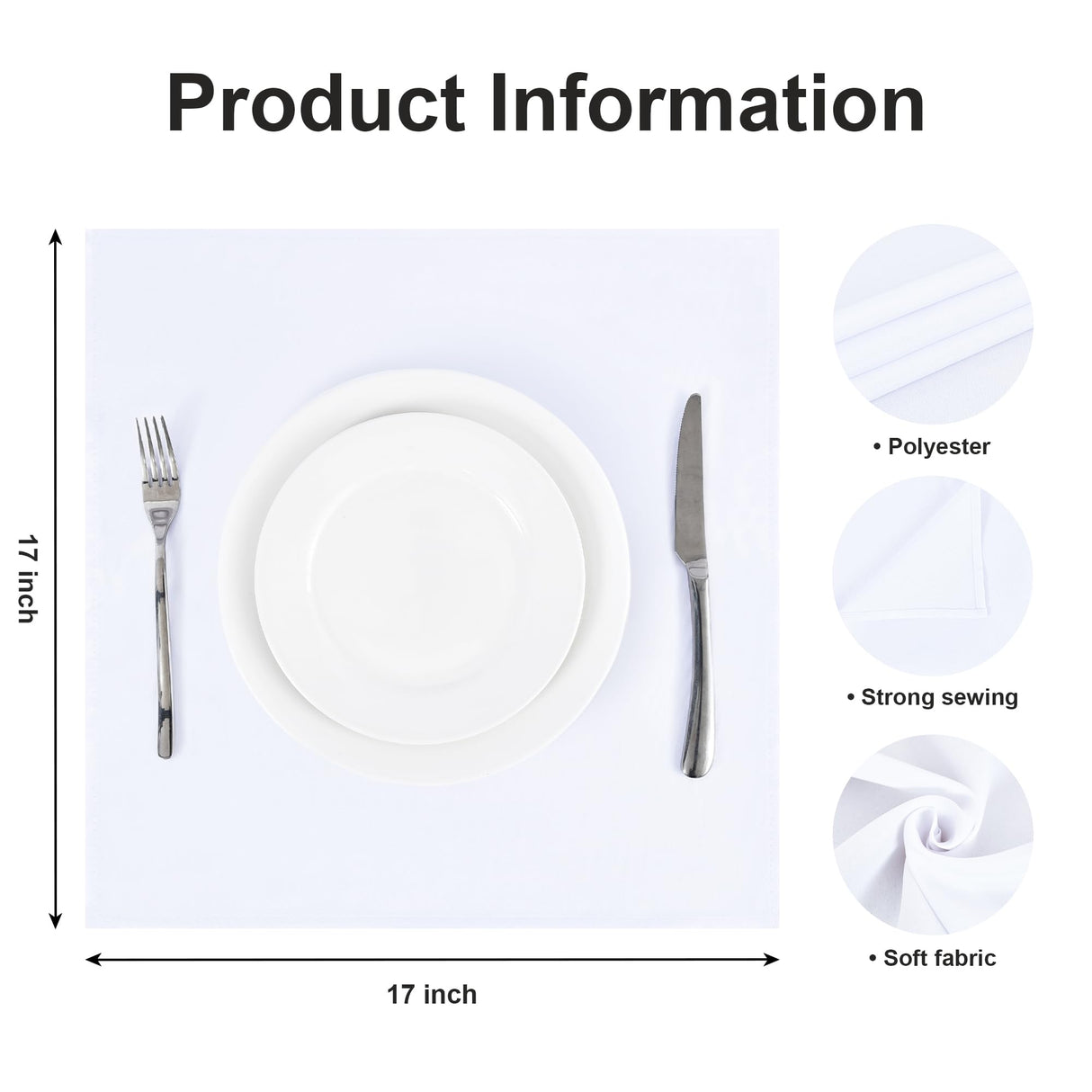 Wolkemer Set of 4 White Cloth Napkins 17 x 17 Inches Solid Washable Polyester Dinner Napkins with Hemmed Edges for Dinners Parties Weddings Banquets Events Table Decoration Wolkemer