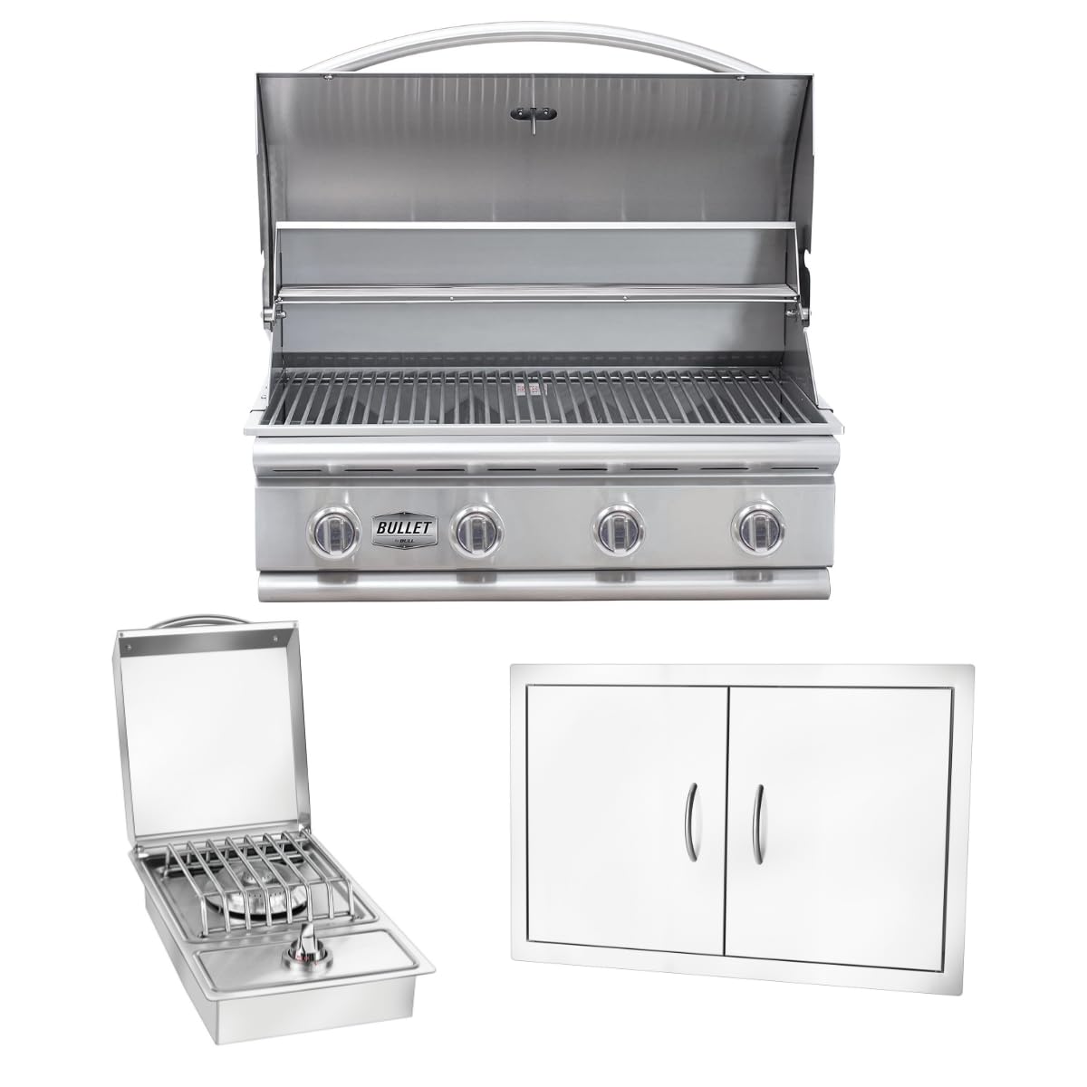 Bullet by Bull Stainless Steel Outdoor Kitchen Grill Set - Built-In Liquid Propane Grill, Perfect for Entertaining -BBQ Kitchen Isl& Bundle - Includes 4 Burner Grill, Double Access Door & Side Burner Bull Outdoor Products