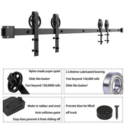 WINSOON 12FT Wood Double Sliding Barn Door Hardware Basic Black Big Spoke Wheel Roller Kit，5-18FT for Choose - WoodArtSupply