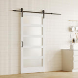 Lakenyon 42in x 84in Glass Barn Door with 6.98 Ft Sliding Door Hardware Kit, Handle, 5-Panel Frosted Glass, Solid Wood & MDF White-Primed Barn Door Panel, Pre-Drilled, Easy to Assemble Lakenyon