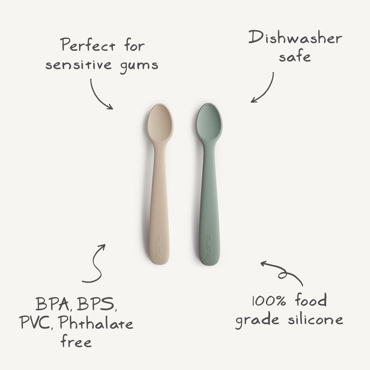mushie Silicone Baby Feeding Spoons | 2 Pack (Cambridge Blue/Shifting Sand) mushie