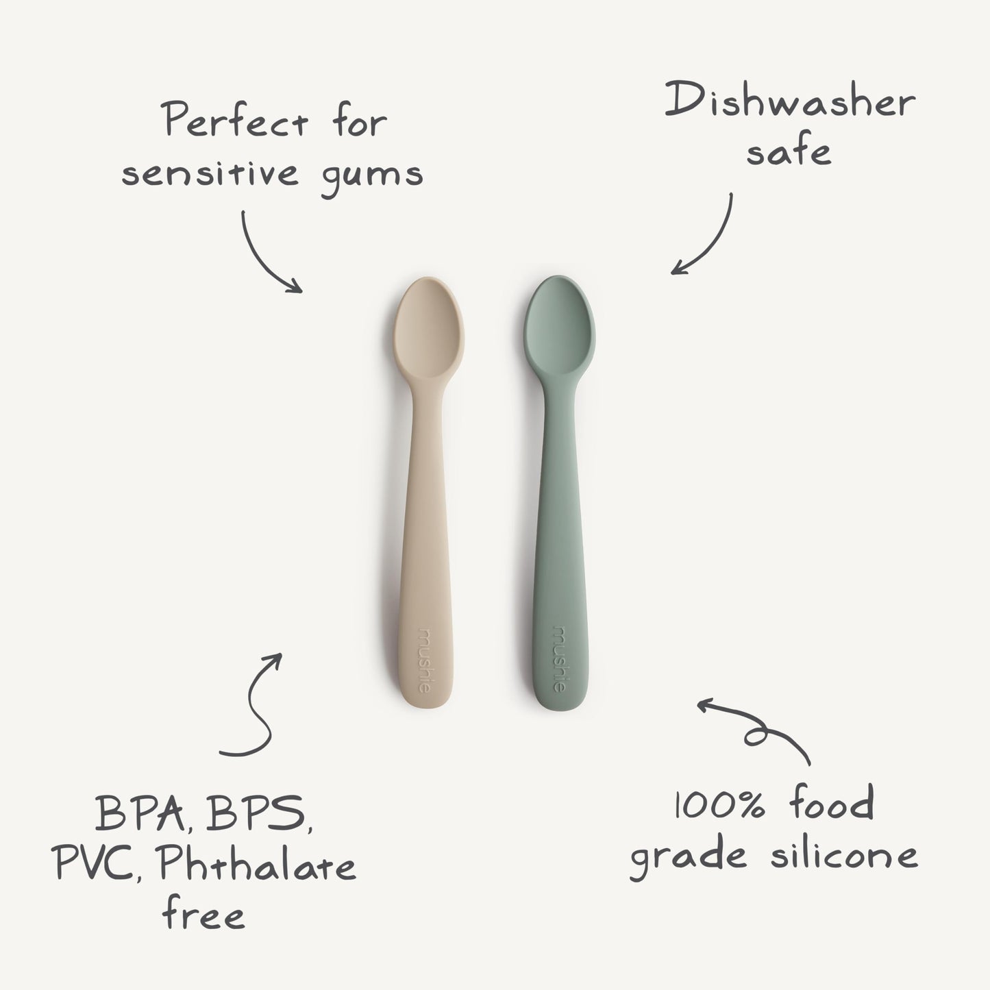 mushie Silicone Baby Feeding Spoons | 2 Pack (Cambridge Blue/Shifting Sand)