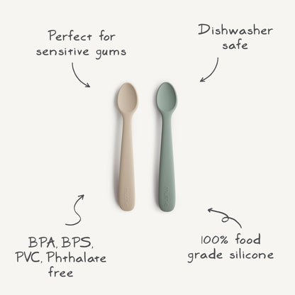 mushie Silicone Baby Feeding Spoons | 2 Pack (Cambridge Blue/Shifting Sand)