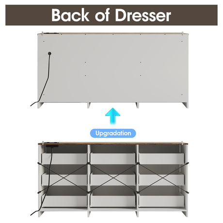 Fameill Dresser for Bedroom, 9 Drawer Wide Dresser Organizer with Charging Station, Tall Dresser for Hallway, Wood Dresser with Metal Handles, Farmhouse White Fameill