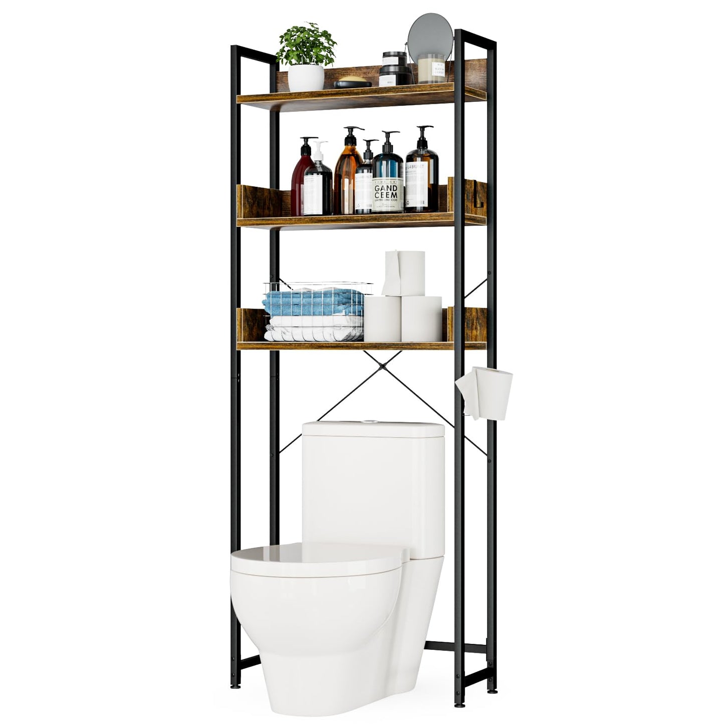 OTK Over-The-Toilet Storage, 3 Tier Bathroom Organizer Shelf, Freestanding Space Saver with Toilet Paper Holder, Multifunctional Over The Toilet Rack, Vintage