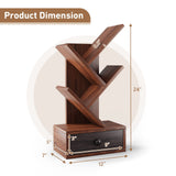 Giantex 5-Tier Tree Bookshelf with Drawer - Freestanding Retro Small Book Storage Rack for Small Place, Kids Room Wooden Decorative Bookcase with Storage for CDs, Magazines, Books, Brown Giantex