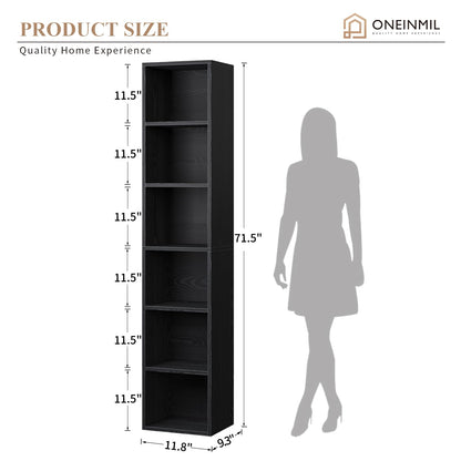 Tall Narrow Bookshelf – 6-Tier Cube Display Rack for Modern Home Office – Black Storage Cabinet by oneinmil - WoodArtSupply