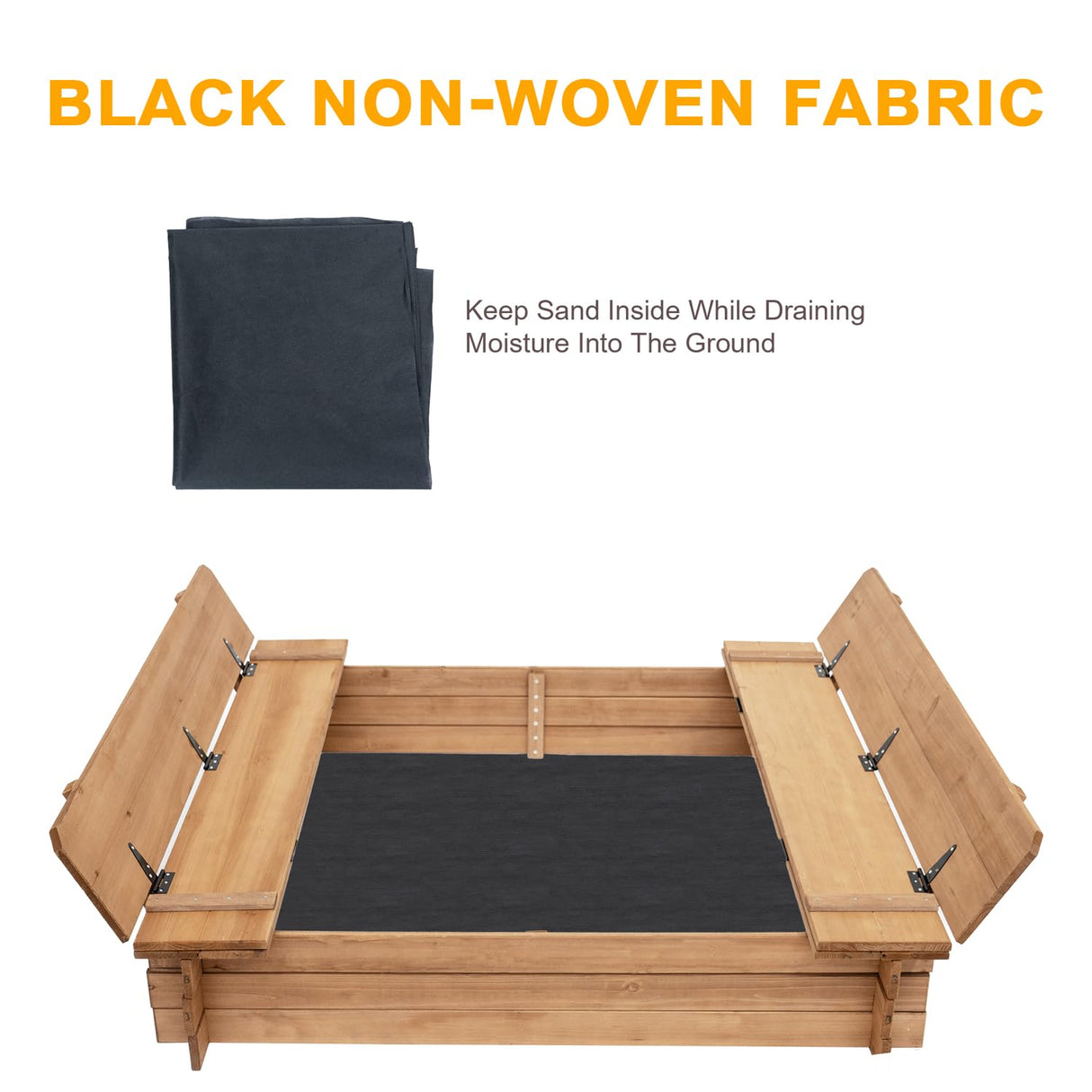 BIRASIL Wood Sandbox with 2 Bench Seats, Sand Boxes with Lid for Kids, Sand Pit with Cover for Outdoor Backyard Patio, 48 Inch BIRASIL