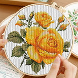 Yellow Rose 11CT Stamped Cross Stitch Kits Easy for Beginners Child with Hoop DIY Needlepoint Counted Embroidery Kits Art Craft Wall Decor 12x12IN(4)