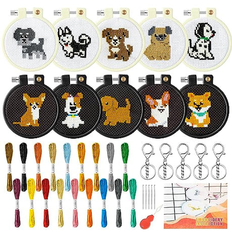 WATINC 10Pcs Embroidery Kit for Kids Stamped Cross Stitch, DIY Key Chain with Puppy Patterns Needlepoint Starter Kits, Craft Supplies for Beginners Children Adults Schoolbag Charms Ornaments WATINC