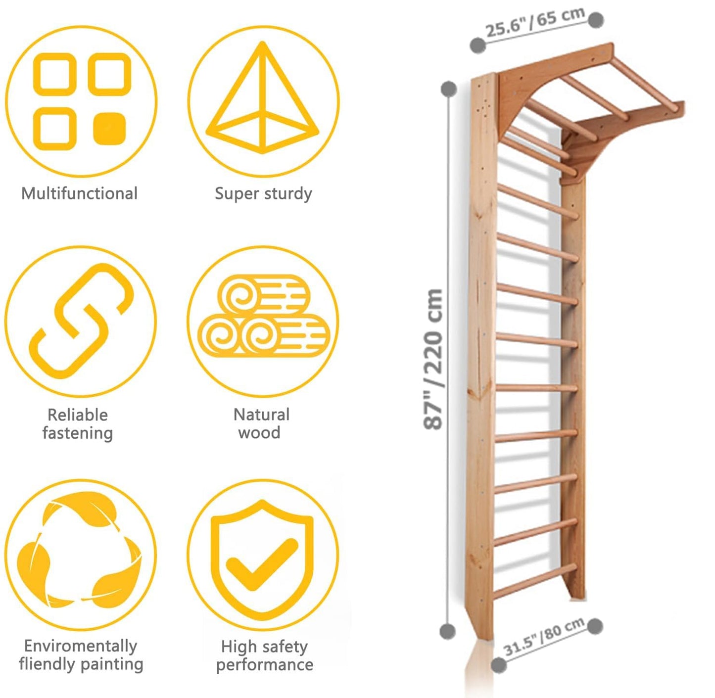 Wooden Swedish Ladder, Stall Bars Set for Physical Therapy & Gymnastics (with Adjustable Pull-up Bar)