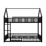 RuiSiSi Twin Over Twin Metal Bunk Bed, House Bunk Bed with Safety Guardrails and Roof Design for Kids, Twin Floor Bunk Beds for Bedroom, Space Saving, No Box Spring Needed, Black RuiSiSi