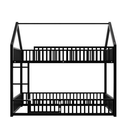 RuiSiSi Twin Over Twin Metal Bunk Bed, House Bunk Bed with Safety Guardrails and Roof Design for Kids, Twin Floor Bunk Beds for Bedroom, Space Saving, No Box Spring Needed, Black