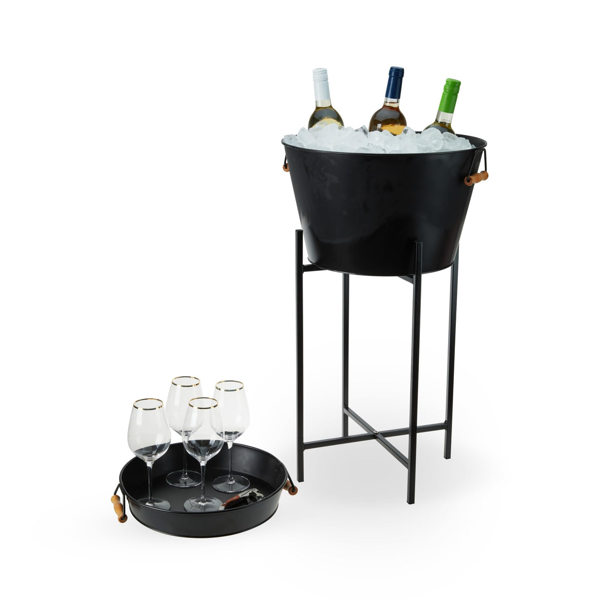 Twine Black Beverage Tub with Collapsible Stand, Large Metal Bucket and Tray, Ice Drink Buckets with Acacia Wood Handles for Parties, 3-Piece Set Twine