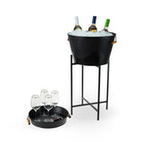 Twine Black Beverage Tub with Collapsible Stand, Large Metal Bucket and Tray, Ice Drink Buckets with Acacia Wood Handles for Parties, 3-Piece Set Twine
