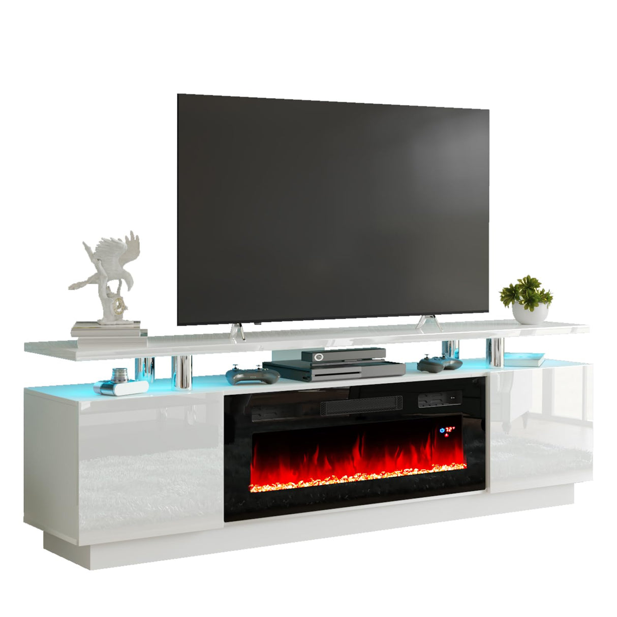 AMERLIFE Fireplace TV Stand with 36" Fireplace, 70" Modern High Gloss Fireplace Entertainment Center LED Lights, 2 Tier TV Console Cabinet for TVs Up to 80", Ivory White AMERLIFE