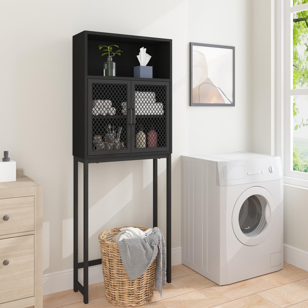 Launica Bathroom Organizer Over Toilet, Wood Metal Bathroom Over The Toilet Storage, Industrial Bathroom Space Saver Shelf Over Toilet, Freestanding Bathroom Cabinet Above Toilet wtih Rack, Black Oak Launica