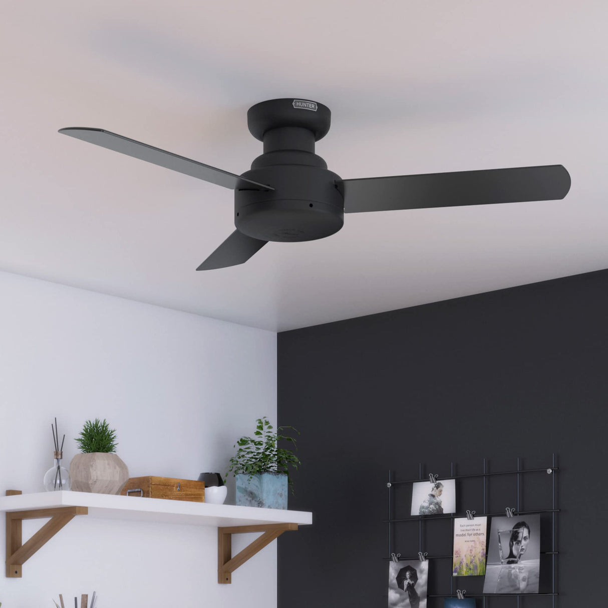 Hunter Fan 52401 Presto 44-Inch Low Profile Ceiling Fan with Wall Control, Whisper-Quiet Motor, 3-Speed Reversible Airflow, Matte Black Finish, Flush Mount Hunter