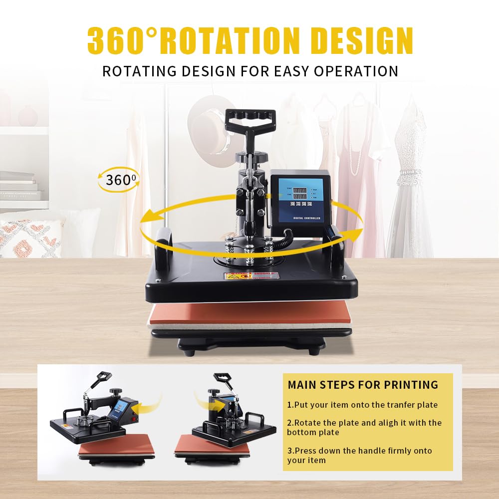 SHUOHAO Upgraded 15 in 1 Heat Press Machine for T-Shirts,Hats,Mugs,Pens &More 12x15 Inch Heat Press 360-Degree Rotation Swing Away Sublimation Machine Dual-Tube Tshirt Press Machine Digital Control