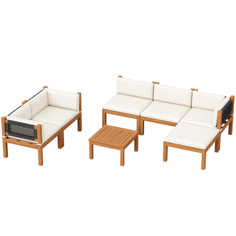 Devoko 7 Piece Acacia Wood Patio Sofa, Outdoor Sectional Coach and Love Seat with Coffee Table, Acacia Wood Patio Furniture Set for Balcony,Porch,Garden Devoko