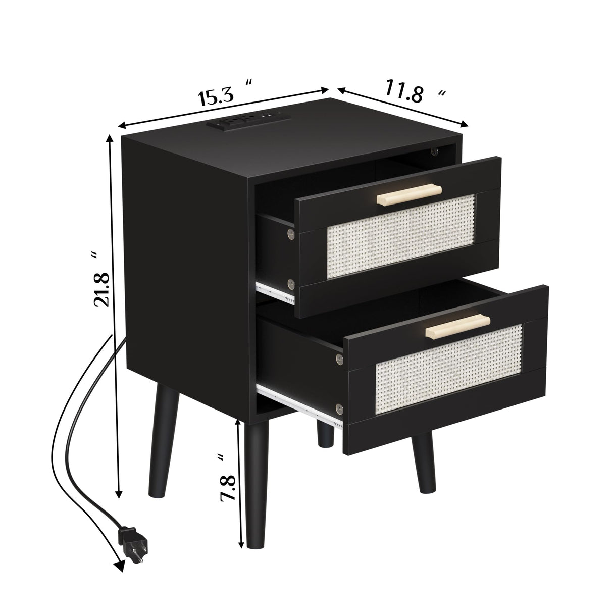 Ltysh Nightstand with Charging Station,Rattan Night Stand with Solid Wood Legs, Bedside Table with USB Ports & Outlets Bed Side Table,End Table for Bedroom,Living Room(Black) Ltysh