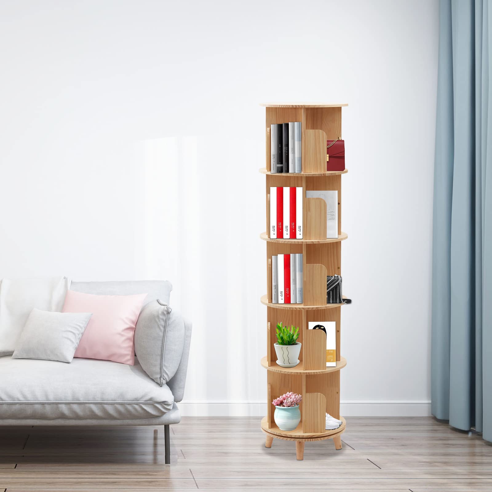 Netcoin 360° Freestanding Rotating Wooden Bookshelf for Efficient Storage and Display - WoodArtSupply