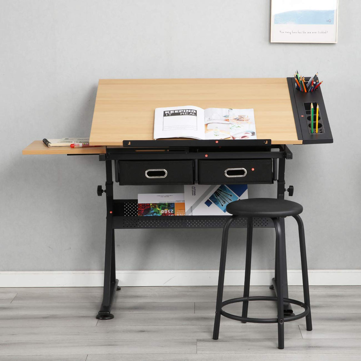 soges Drafting Table Art & Craft Drawing Desk Height Adjustable Wood Desk for Drawing, Painting, Writing and Studying soges