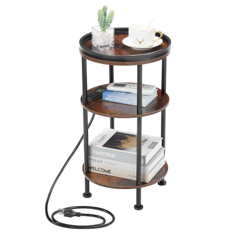 Small Round Side Table with Charging Station for Small Spaces, 3-Tier Round Accent Table with USB Ports & Power Outlets, Round Corner Table Tea Sofa Side Table for Living Room Bedroom (Rustic Brown) ZEXVIDA